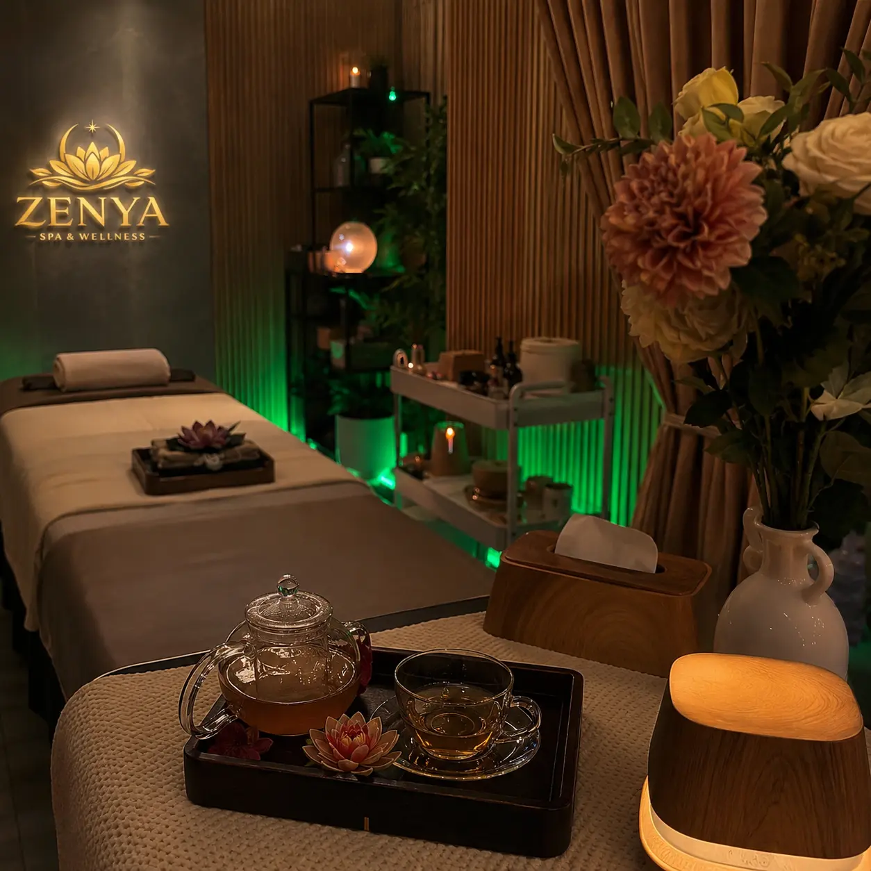 ZENYA luxury spa reception area with warm lighting and wooden decor
