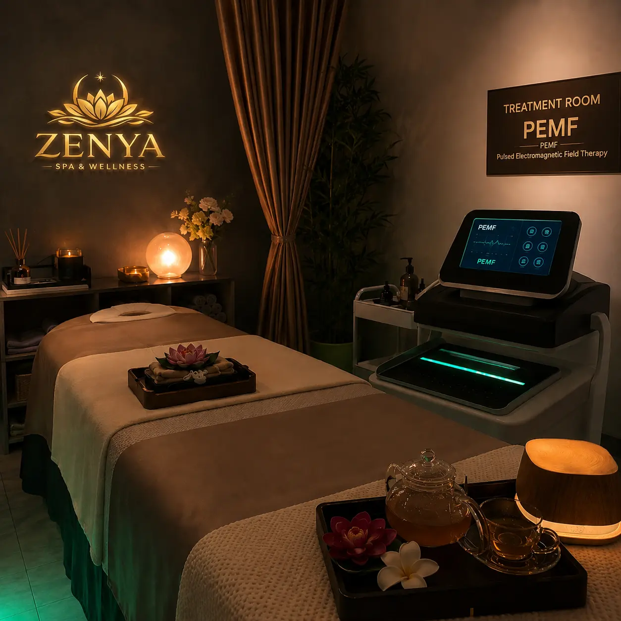 ZENYA treatment room with advanced PEMF therapy equipment and calming ambiance