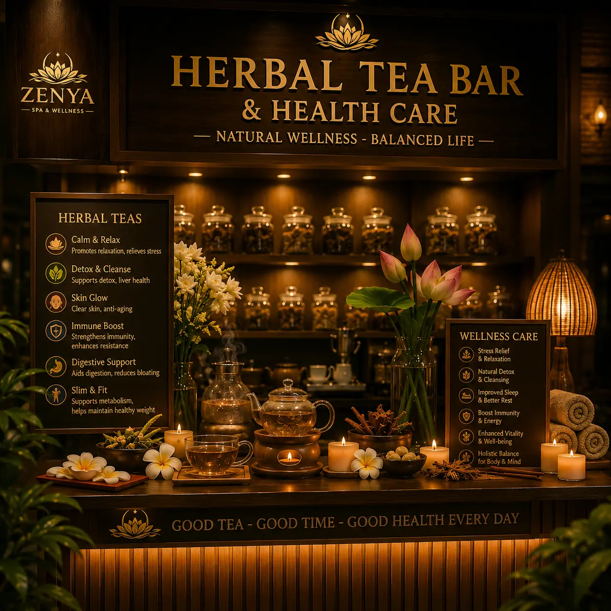 ZENYA tea lounge and wellness corner with herbal infusions